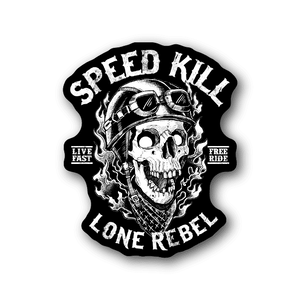 Helmeted skull motorcycle vinyl sticker with flames and SPEED KILL text