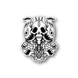 Motorcycle skull vinyl sticker, white graphic with handcuffs and flame