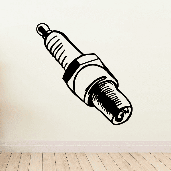Motorcycle spark plug decal of a white spark plug with black outlines and markings