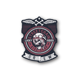 Motorcycle vinyl sticker, circular streetchain badge with skull and wings, Lucky Rider text