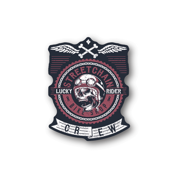 Motorcycle vinyl sticker, circular streetchain badge with skull and wings, Lucky Rider text