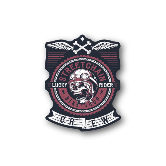 Motorcycle vinyl sticker, circular streetchain badge with skull and wings, Lucky Rider text