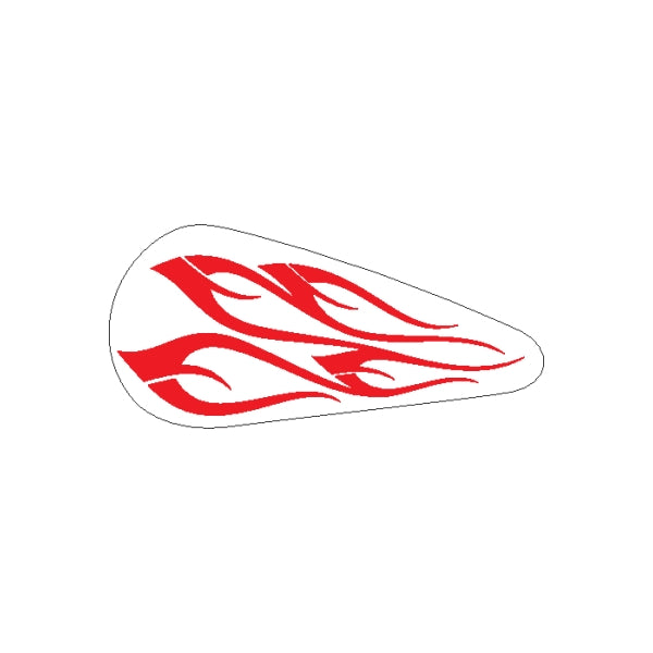 Motorcycle tank flame decals with red flames and white highlights, oval outline.