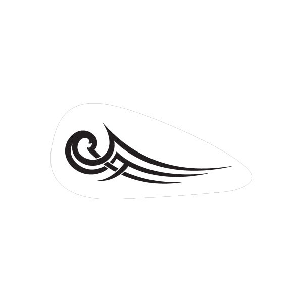 Motorcycle tank flame decal: black tribal swirl flame with three curved lines.