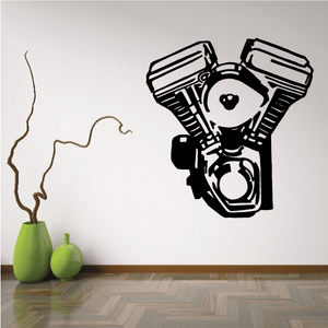 Motorcycle V-twin engine drawing decal, black and white with stylized front view
