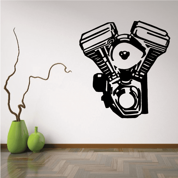 Motorcycle V-twin engine drawing decal, black and white with stylized front view