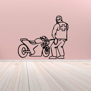 Motorcycle wall decal vinyl of rider and motorcycle, black outline, removable