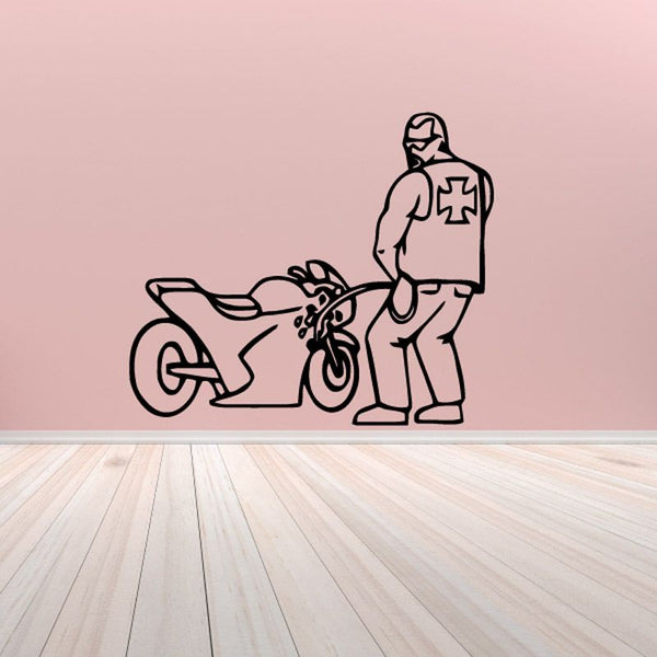 Motorcycle wall decal vinyl of rider and motorcycle, black outline, removable