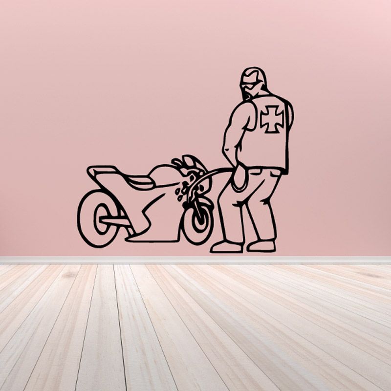 Motorcycle wall decal vinyl of rider and motorcycle, black outline, removable