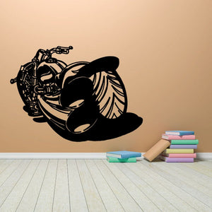 Black stylized motorcycle vinyl wall decal, single-piece graphic sticker