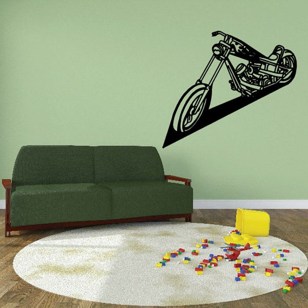 Motorcycle wall decal with black racing-bike graphic in triangular shape