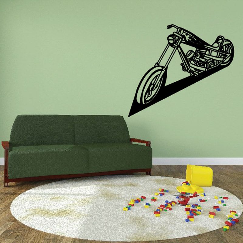 Motorcycle wall decal with black racing-bike graphic in triangular shape