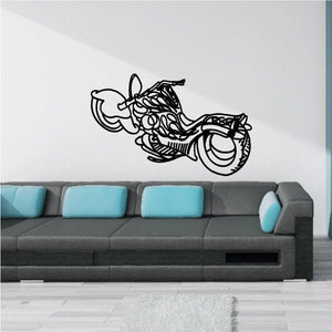 Motorcycle wall decal vinyl sticker: black line-art motorcycle with round headlight and wheels.