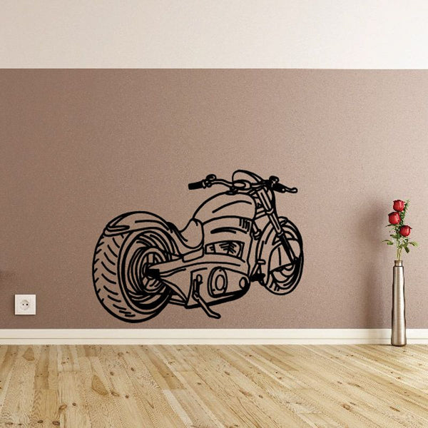 Motorcycle vinyl wall decal, black line-art bike with front wheel and exhaust