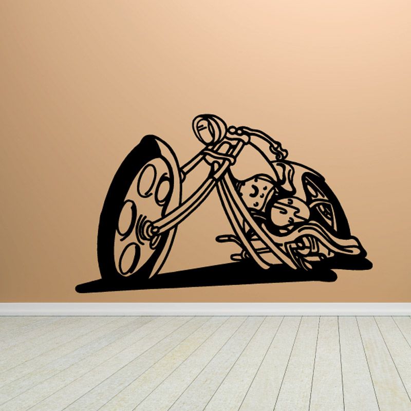 Motorcycle vinyl wall decal in black, side view with rider and front wheel