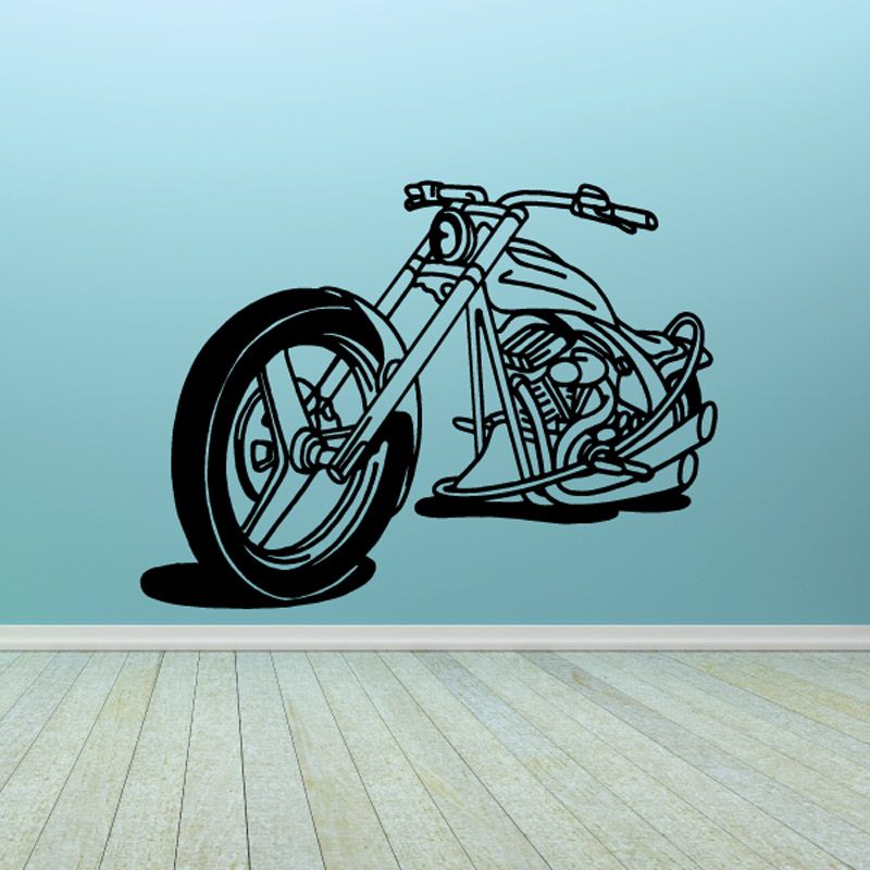 Motorcycle wall decal, black and light gray line art of a cruiser bike.