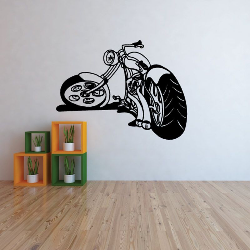 Black motorcycle wall decal vinyl with detailed line-art side view