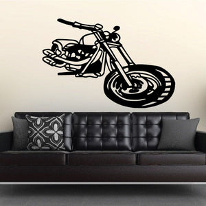 Motorcycle wall decal, black vinyl outline of a sport bike on a light surface