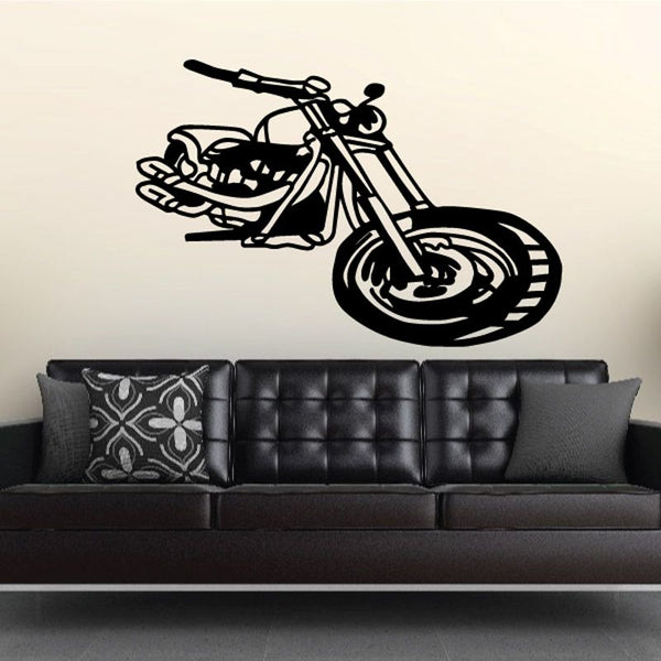 Motorcycle wall decal, black vinyl outline of a sport bike on a light surface