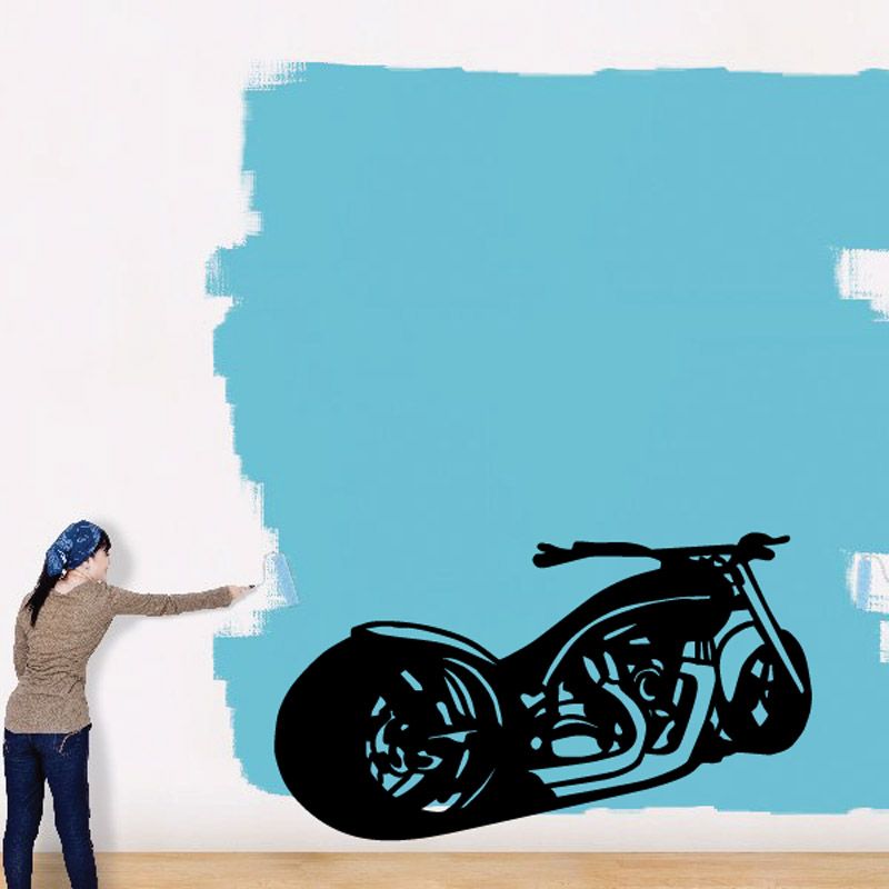 Motorcycle vinyl wall decal, black bike silhouette with engine details