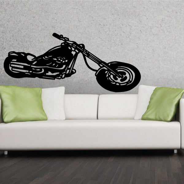 Motorcycle wall decal vinyl, black racing bike silhouette with wheel details