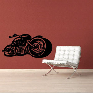 Black motorcycle wall vinyl decal with detailed wheel and engine design