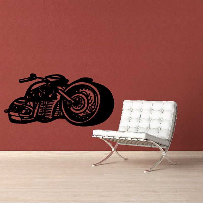 Black motorcycle wall vinyl decal with detailed wheel and engine design