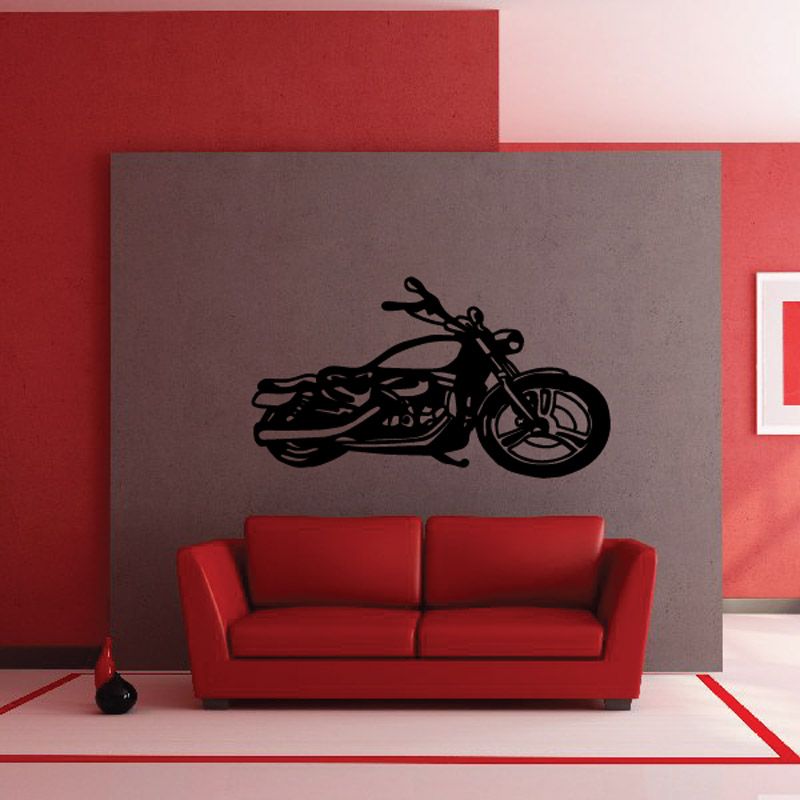 Motorcycle wall decal: black motorcycle silhouette on light gray backing.