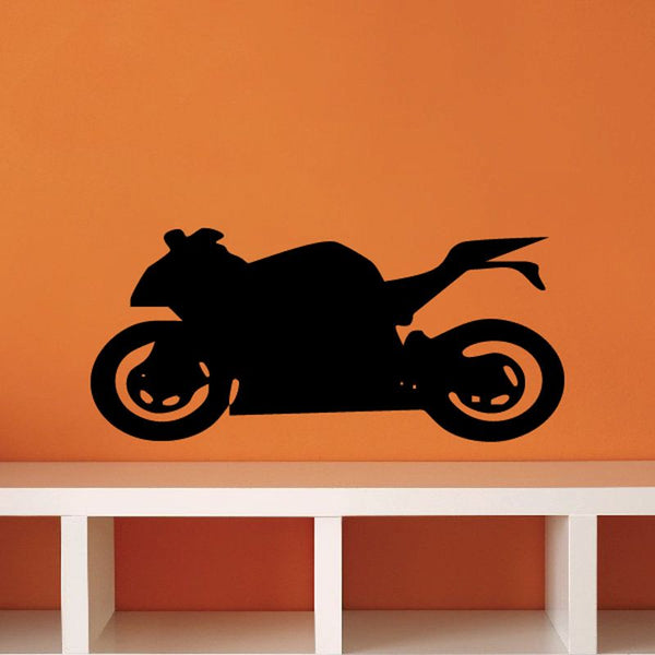 Black motorcycle wall decal with rider silhouette, swirling wheel design