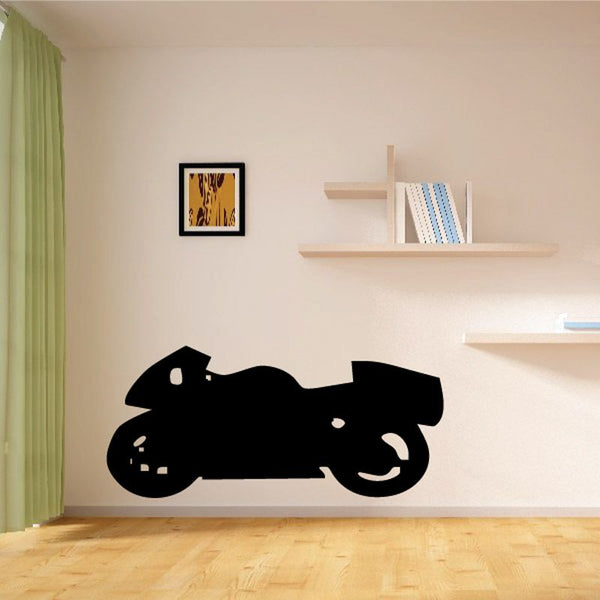 Motorcycle wall decal, black vinyl silhouette of a sport bike on a wall