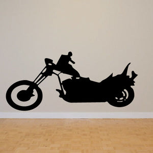 Black motorcycle wall decal silhouette on vinyl, side view with wheel and handlebars