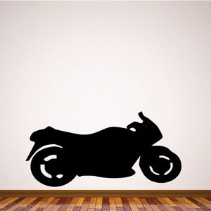 Motorcycle vinyl wall decal, black sportbike silhouette with wheels