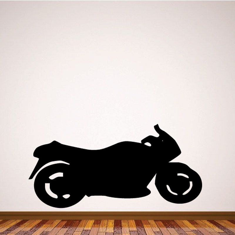 Motorcycle vinyl wall decal, black sportbike silhouette with wheels