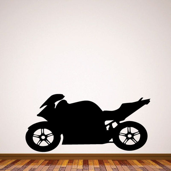 Black motorcycle wall decal vinyl, side profile with detailed wheel spokes