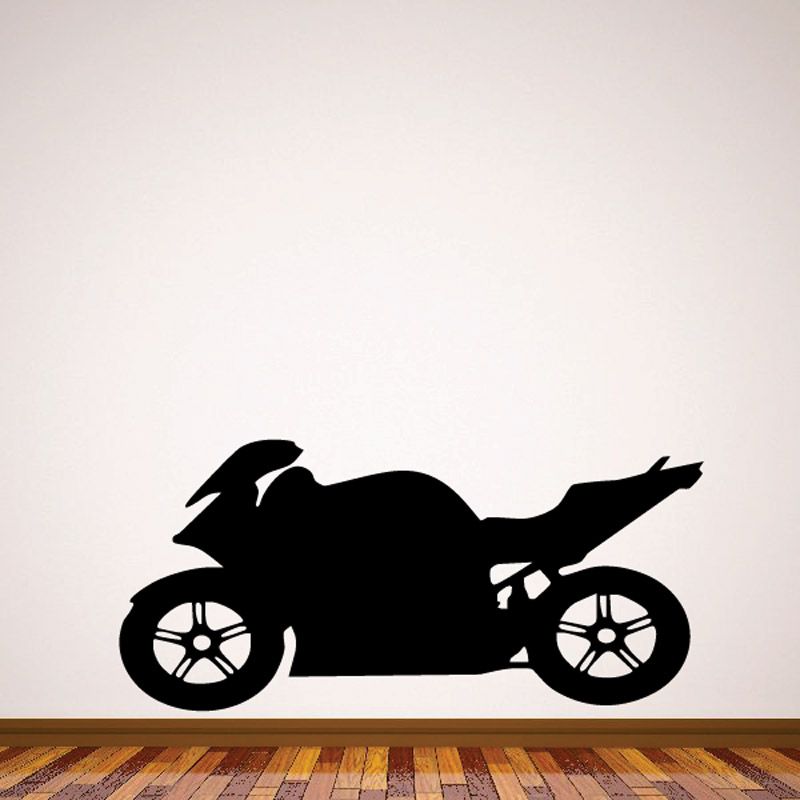 Black motorcycle wall decal vinyl, side profile with detailed wheel spokes