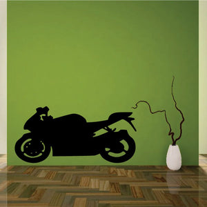 Motorcycle wall decal vinyl sticker, black sport bike silhouette with exhaust steam.