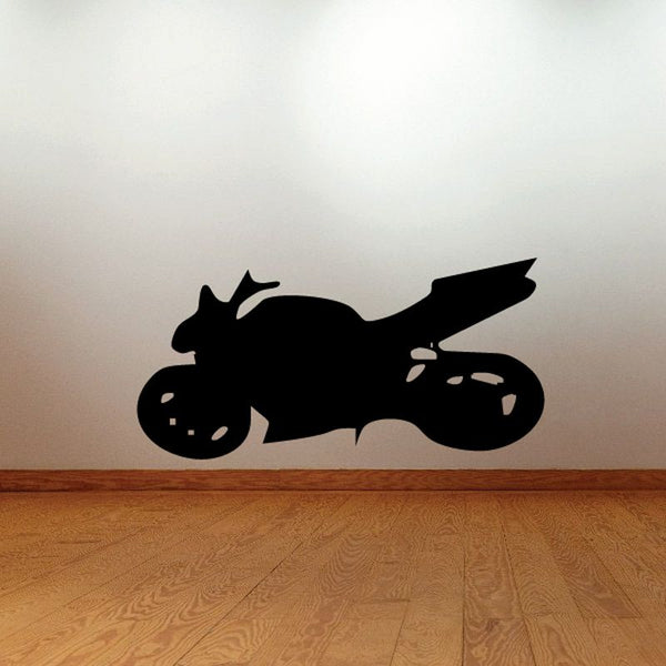 Motorcycle wall decal, black vinyl silhouette of a sport bike with details