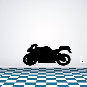 Black motorcycle wall vinyl decal with side silhouette, stylized bike shape