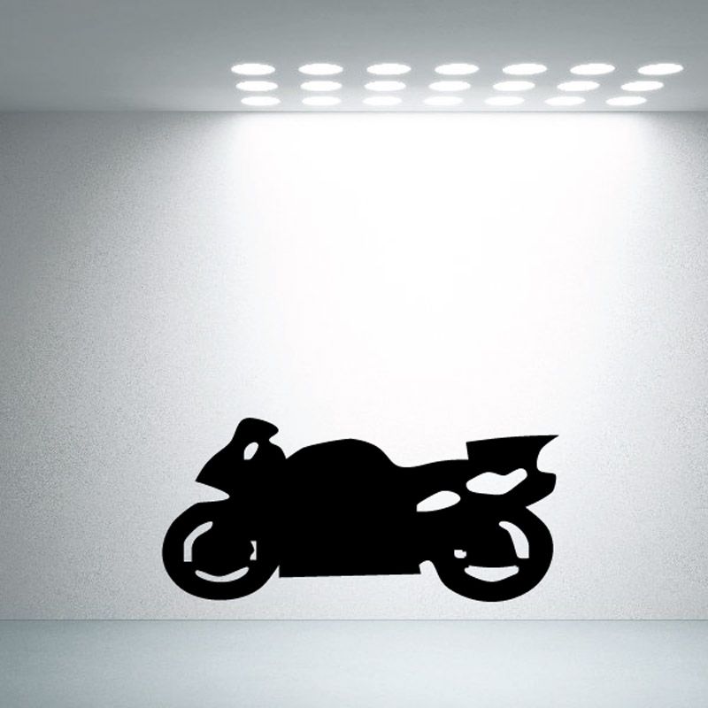 Motorcycle vinyl wall decal, black sport bike silhouette with wheels and headlight