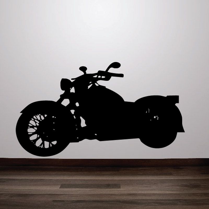 Motorcycle wall decal vinyl sticker, black riding bike silhouette with wheels