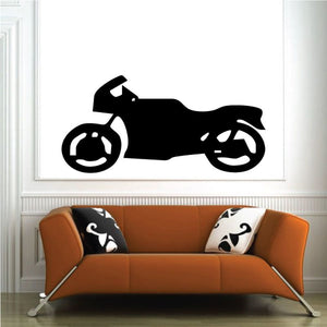 Black motorcycle silhouette wall decal, vinyl sticker with wheels and handlebars.