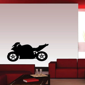 Black motorcycle wall decal vinyl silhouette with wheels and rider outline