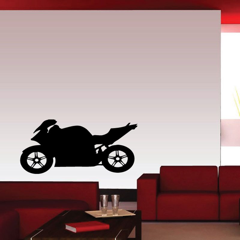Black motorcycle wall decal vinyl silhouette with wheels and rider outline