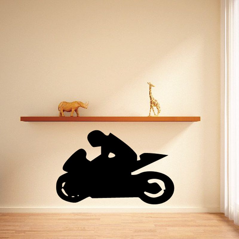 Black motorcycle vinyl wall decal with rider silhouette