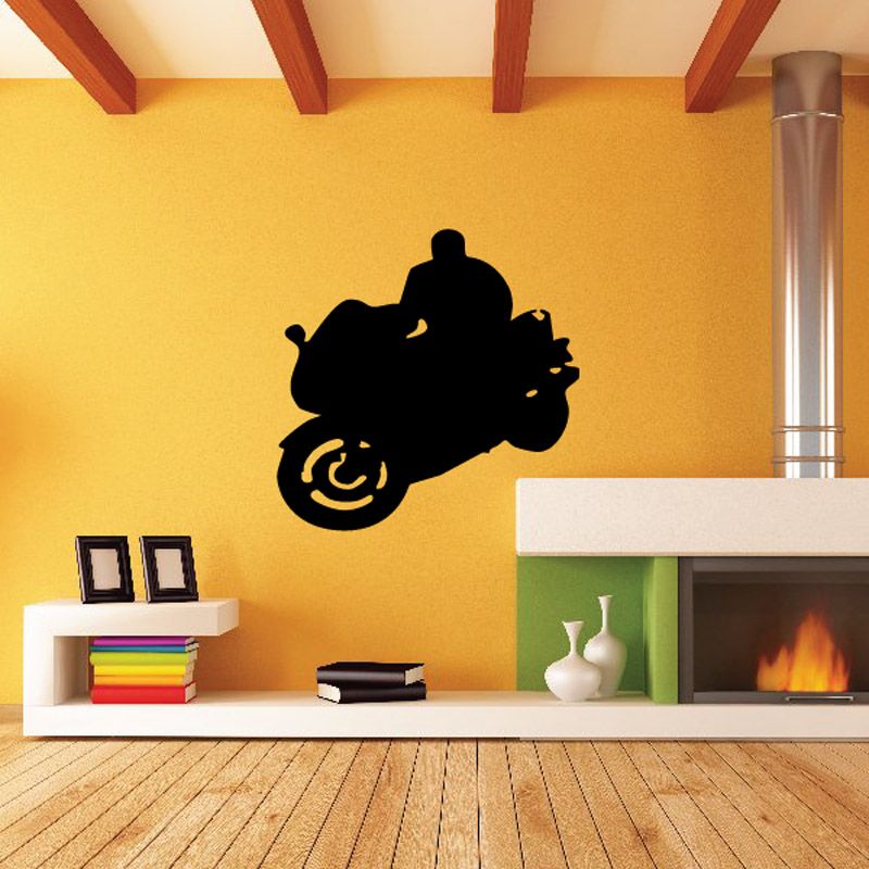 Motorcycle wall decal vinyl sticker of a black rider on a motorcycle silhouette