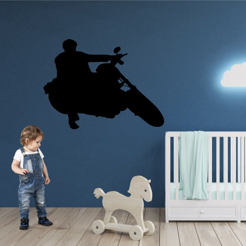 Motorcycle rider wall decal in dark silhouette, vinyl sticker design