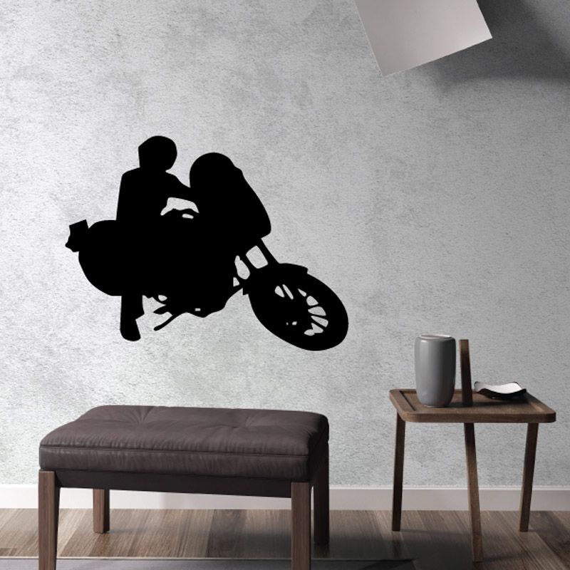 Motorcycle wall decal vinyl sticker with rider and motorcycle silhouette, dark