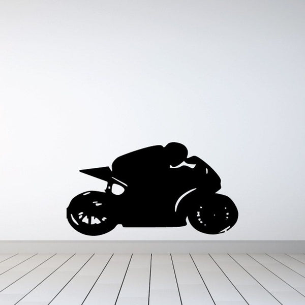 Motorcycle wall decal vinyl sticker, black racing bike silhouette