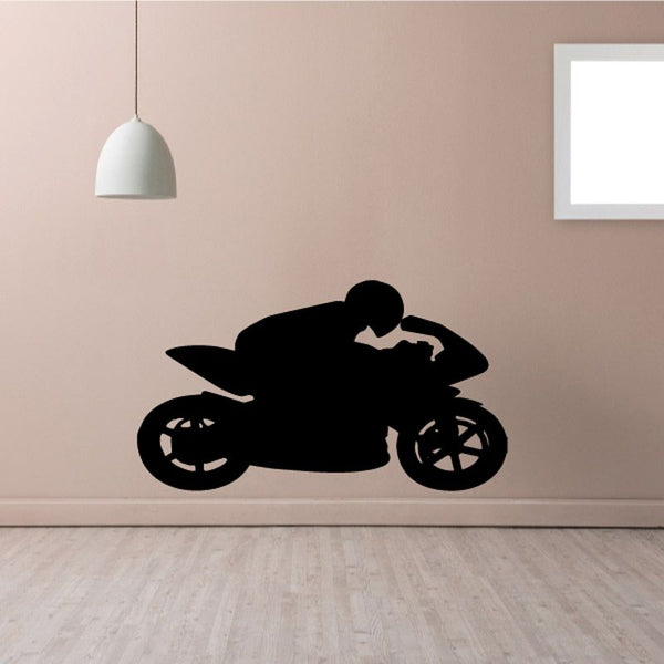 Motorcycle wall decal with black silhouette of a rider on a sport bike