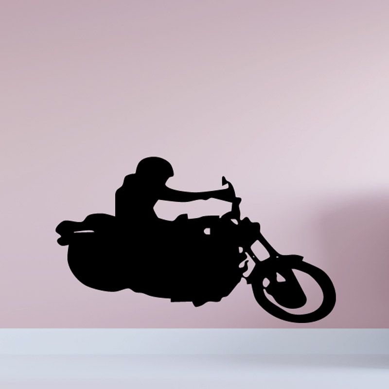 Motorcycle wall decal, black rider on motorcycle silhouette